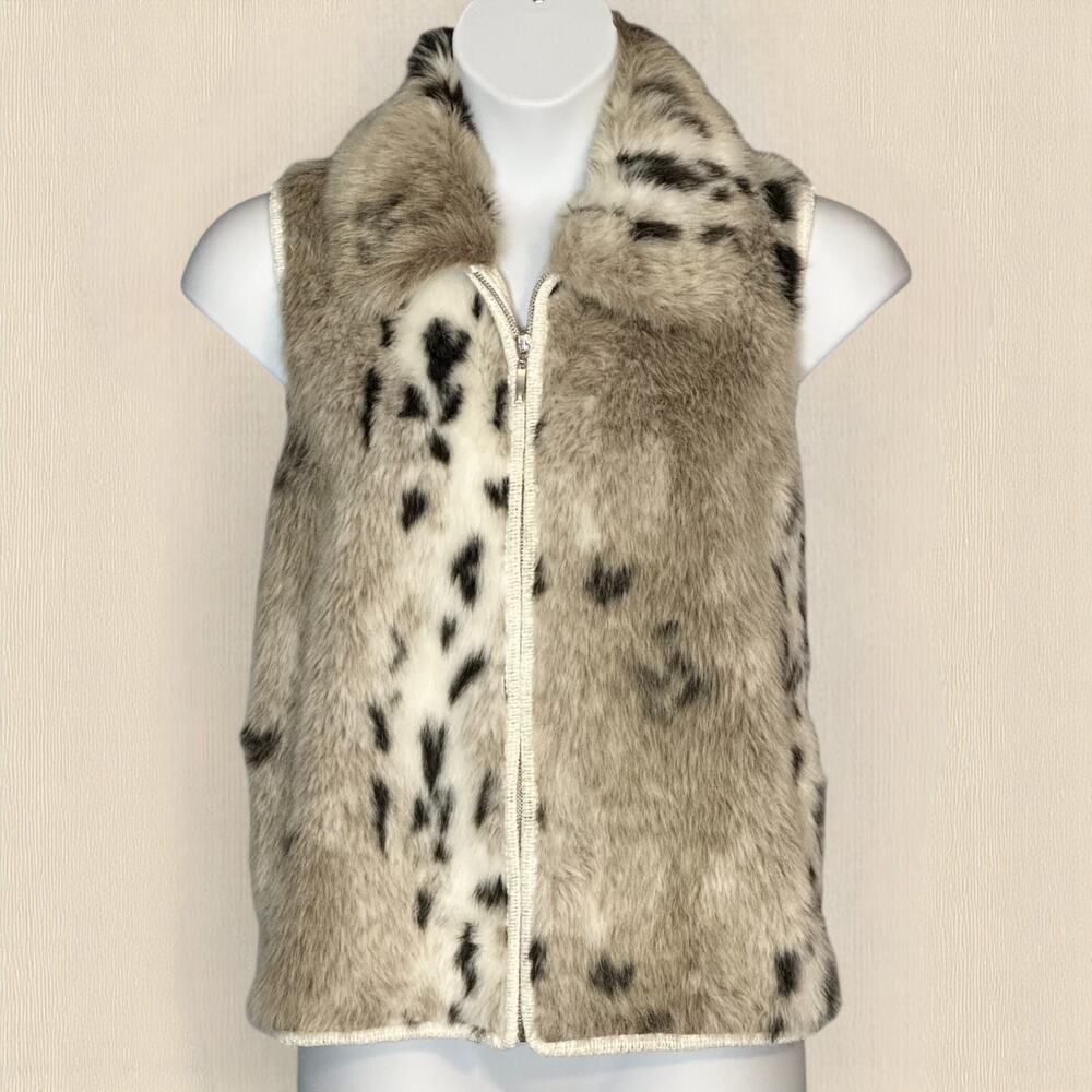 Lisa International Faux Fur Sweater Vest Size M Removable Collar Full Zip Chic